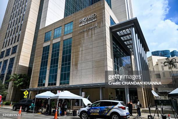 Media personnels stand outside the court house during the penalty phase in the trial of Nikolas Cruz at the Broward County Courthouse in Fort...