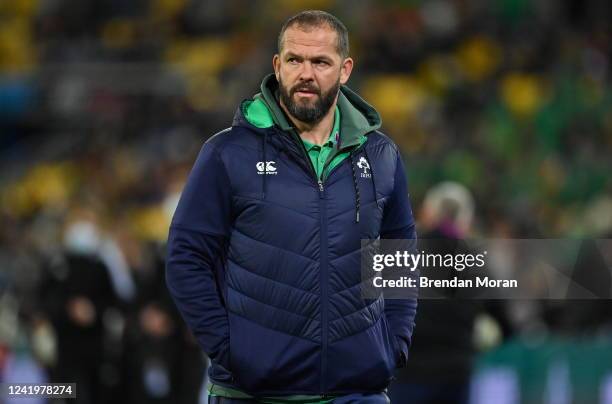 Wellington , New Zealand - 16 July 2022; Ireland head coach Andy Farrell before the Steinlager Series match between the New Zealand and Ireland at...