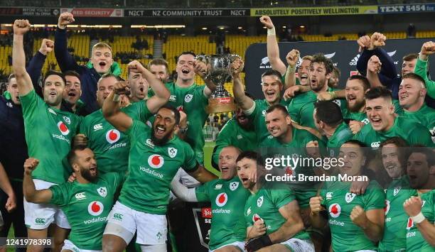 Wellington , New Zealand - 16 July 2022; The Ireland team celebrate after the Steinlager Series match between the New Zealand and Ireland at Sky...