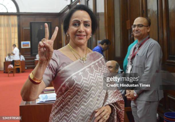 Hema Malini after casting her vote during the presidential election, at the Parliament House on July 18, 2022 in New Delhi, India. NDA presidential...