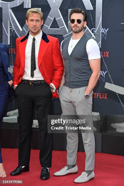 Ryan Gosling and Chris Evans attend the The Gray Man Netflix special screening at Zoopalast on July 18, 2022 in Berlin, Germany.