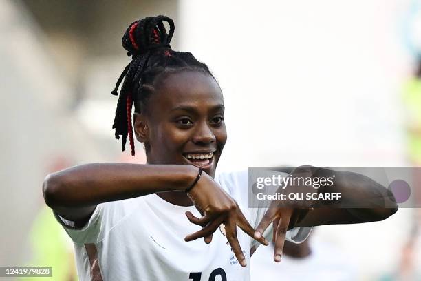 France's striker Melvine Malard celebrates scoring the opening goal during the UEFA Women's Euro 2022 Group D football match between Iceland and...