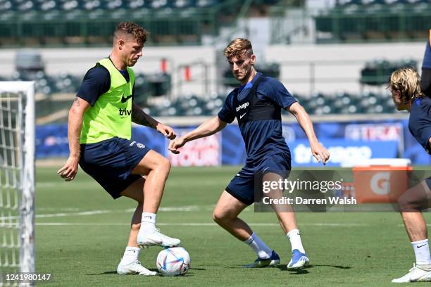 Ross Barkley and Timo Werner of Chelsea during a training session at Osceola Heritage Park Orlando FC Training Facility on July 18, 2022 in Orlando,...