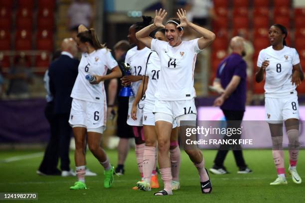 France's midfielder Charlotte Bilbault gestures at the end of the UEFA Women's Euro 2022 Group D football match between Iceland and France at New...