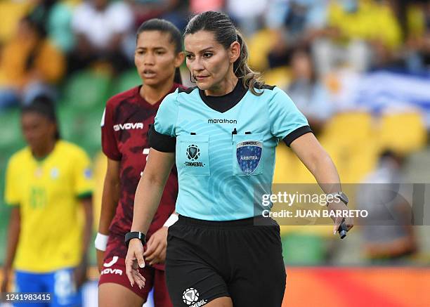 Paraguayan referee Zulma Quiñonez conducts the Conmebol 2022 women's Copa America football tournament match between Venezuela and Brazil at the...