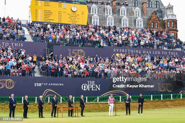 General view as fans in the grandstand watch Cameron Smith of Australia receive the Claret Jug trophy following his one stroke victory in the final...
