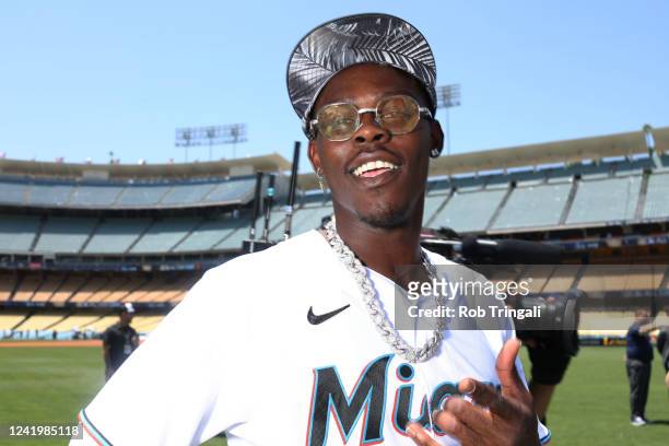 Jazz Chisholm Jr. #2 of the Miami Marlins poses for a photo during the Gatorade All-Star Workout Day at Dodger Stadium on Monday, July 18, 2022 in...