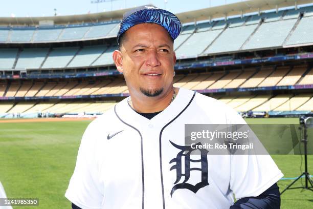 Miguel Cabrera of the Detroit Tigers looks on during the Gatorade All-Star Workout Day at Dodger Stadium on Monday, July 18, 2022 in Los Angeles,...