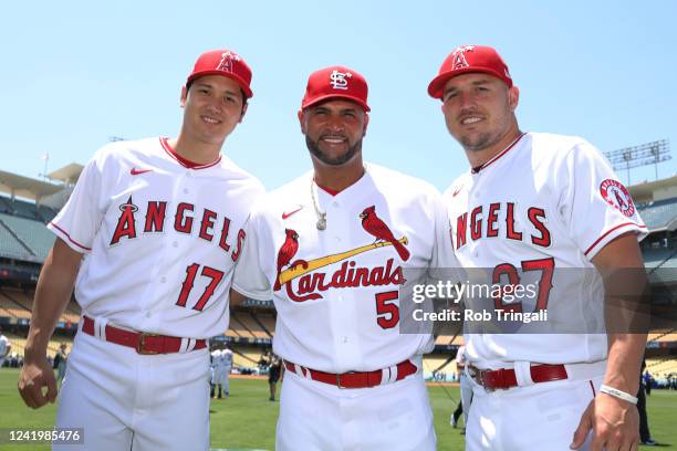 Albert Pujols of the St. Louis Cardinals, Mike Trout and Shohei Ohtani of the Los Angeles Angels pose for a photo during the Gatorade All-Star...