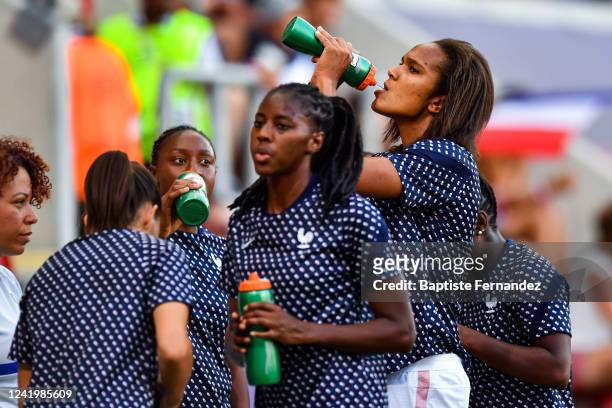 Aissatou TOUNKARA of France and Wendie RENARD of France Marion TORRENT of France drink water during the UEFA Women's European Championship Group...