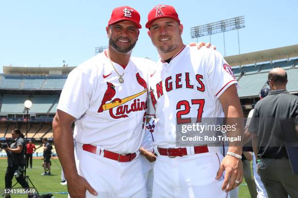 Albert Pujols of the St. Louis Cardinals and Mike Trout of the Los Angeles Angels pose for a photo during the Gatorade All-Star Workout Day at Dodger...