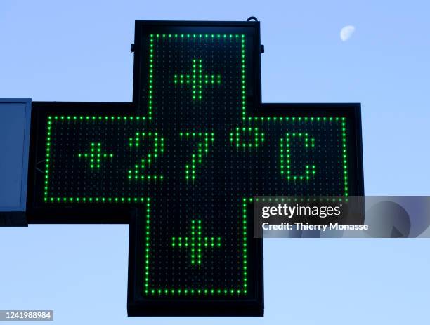 Street thermometer shows a temperature of 27° Celsius as a new heatwave hits the Belgium capital, on July 19, 2022 in Brussels, Belgium.