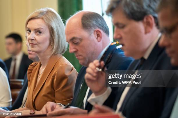 Foreign Secretary Liz Truss, Defence Secretary Ben Wallace, and Chancellor for the Duchy of Lancaster Kit Malthouse during a Cabinet meeting at 10...