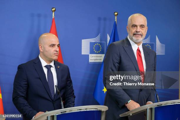 President of the Government of the Republic of North Macedonia Dimitar Kovacevski and the Prime Minister of Albania Edi Rama talk to media in the...