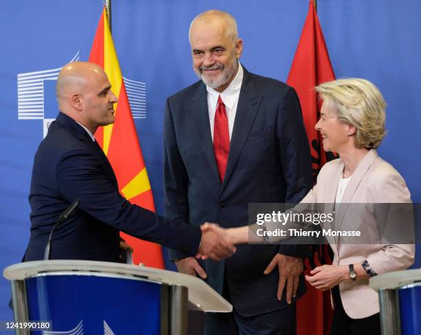 Prime Minister of North Macedonia Dimitar Kovacevski and the Prime Minister of Albania Edi Rama greet the President of the European Commission Ursula...