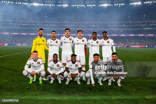 The Manchester United players line up for a team photo prior to the Pre-Season Friendly match between Manchester United and Crystal Palace at...