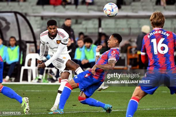 Manchester United player Marcus Rashford shoots on the Crystal Palace goal during the pre-season football match between English Premier League teams...