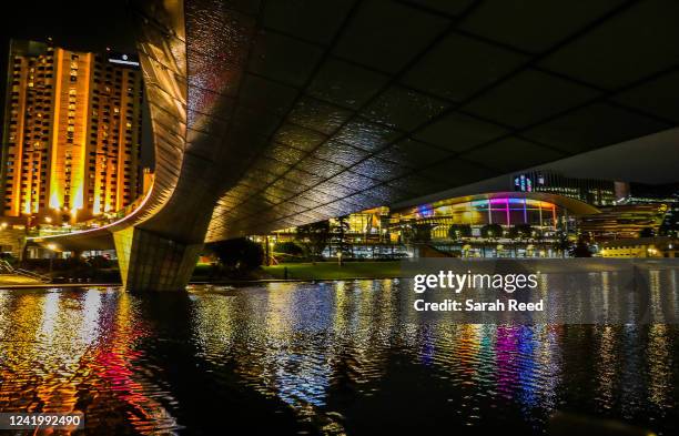 Unity Lights during FIFA Women's World Cup 'One Year To Go' event at Adelaide Convention Centre from the Riverbank Footbridge on July 19, 2022 in...