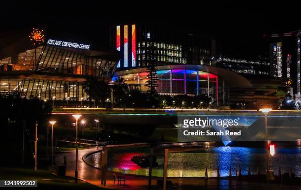 Unity Lights during FIFA Women's World Cup 'One Year To Go' event at Adelaide Convention Centre and Riverbank Footbridge on July 19, 2022 in...