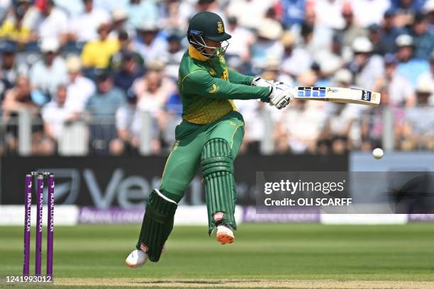 South Africa's Rassie van der Dussen hits the ball during the first One Day International cricket match between England and South Africa at the...