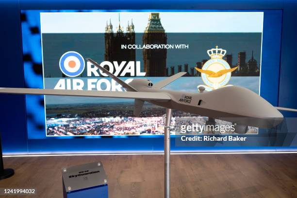 Skyguardian UAV drone is exhibited at the Farnborough Airshow, on 18th July 2022, at Farnborough, England. Skyguadian is anuncrewed, remotely piloted...