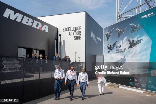 Graphics and advertising at the French Defence company, MBDA during the Farnborough Airshow, on 18th July 2022, at Farnborough, England. MBDA, a...