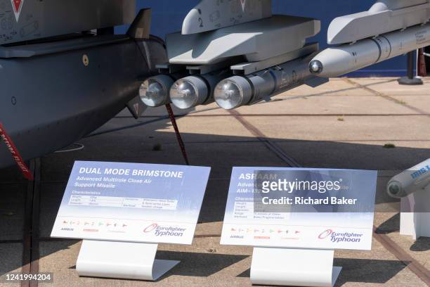 Systems Typhoon jet fighter, exhibited with missile and smart bomb systems, at the Farnborough Airshow, on 18th July 2022, at Farnborough, England....
