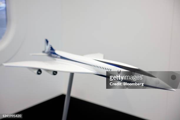 Model of the Overture supersonic aircraft at the Boom Technology Inc. Stand on day two of the Farnborough International Airshow in Farnborough, UK,...