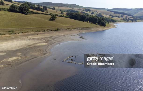 The ruins of Derwent Village, flooded in the 1940s to provide drinking water for the East Midlands and Sheffield, exposed due to the low water level...