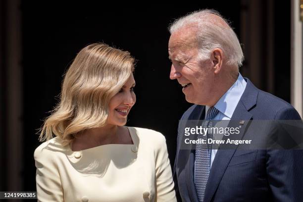 President Joe Biden talks with first lady of Ukraine Olena Zelenska as she arrives on the South Lawn of the White House July 19, 2022 in Washington,...