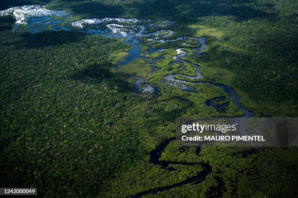 Aerial view of the Amazon rainforest taken from a plane flying from the city of Manicore to Manaus, Amazonas State, Brazil, on June 10, 2022.