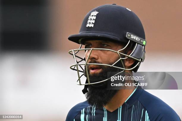 England's Moeen Ali reacts as he leaves the pitch after being dismissed for three during the first One Day International cricket match between...