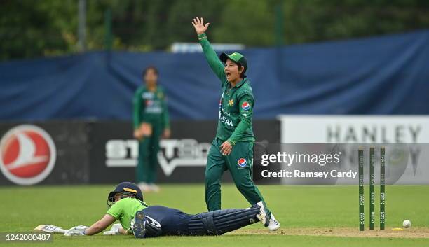 Tyrone , United Kingdom - 19 July 2022; Anam Amin of Pakistan celebrates running out Laura Delany of Ireland during the Women's T20 International...