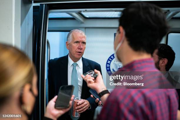 Senator Thom Tillis, a Republican from North Carolina, speaks with members of the media following a vote in the basement of the US Capitol in...