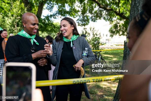 Rep. Ayanna Pressley and Rep. Alexandria Ocasio-Cortez share a laugh while speaking to people while being detained after participating in a sit-in...