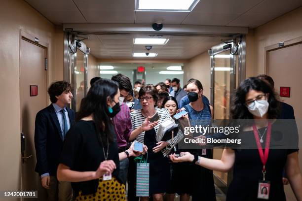 Senator Susan Collins, a Republican from Maine, center, speaks with members of the media while arriving for a vote in the basement of the US Capitol...