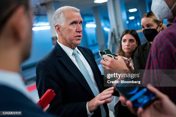 Senator Thom Tillis, a Republican from North Carolina, speaks with members of the media following a vote in the basement of the US Capitol in...