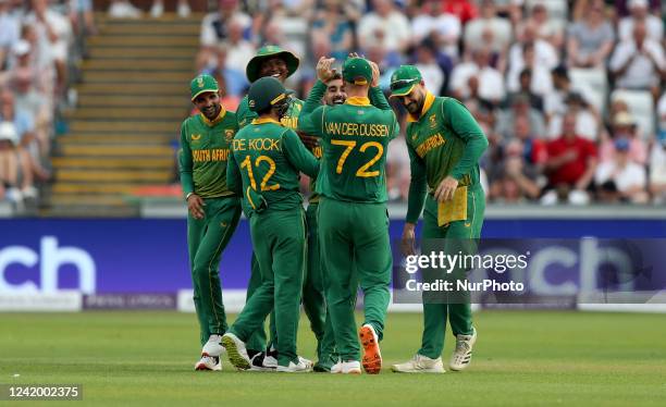 Jos Buttler of England is caught and bowled by Tabraiz Shamsi of South Africa during the Royal London One Day Series match between England and South...