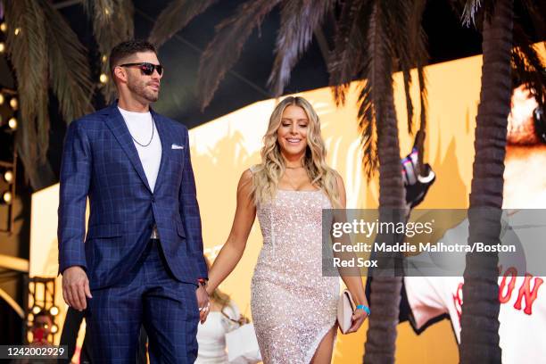 Martinez of the Boston Red Sox walks the red carpet with his family during the 2022 MLB All-Star Game Red Carpet Show on July 19, 2022 at L.A. Live...