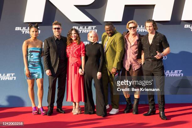 Zazie Beetz, David Leitch, Kelly McCormick, Joey King, Brian Tyree Henry, Brad Pitt and Aaron Taylor-Johnson attend the "Bullet Train" Red Carpet...