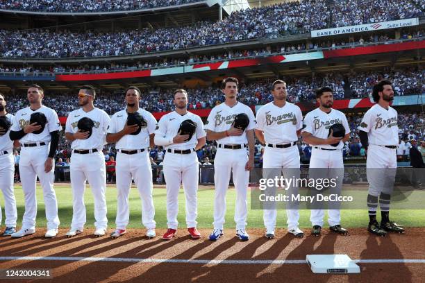 Members of the National League line the base path prior to the 92nd MLB All-Star Game presented by Mastercard at Dodger Stadium on Tuesday, July 19,...