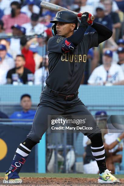 Andrés Giménez of the Cleveland Guardians bats in the fourth inning during the 92nd MLB All-Star Game presented by Mastercard at Dodger Stadium on...