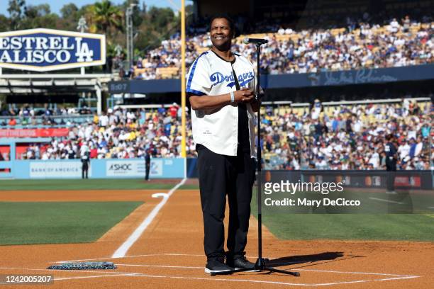 Denzel Washington leads a tribute to Jackie Robinson prior to the 92nd MLB All-Star Game presented by Mastercard at Dodger Stadium on Tuesday, July...