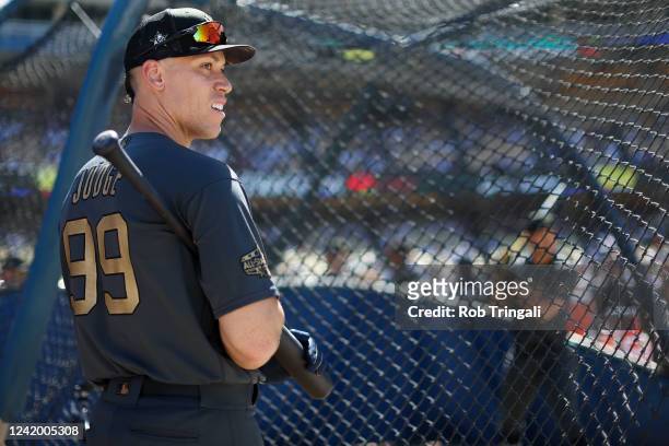 Aaron Judge of the New York Yankees looks on before the 92nd MLB All-Star Game presented by Mastercard at Dodger Stadium on Tuesday, July 19, 2022 in...