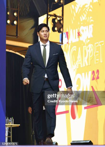 Los Angeles Angels two-way player Shohei Ohtani appears in the Red Carpet Show before the MLB All-Star baseball game on July 19 at Dodger Stadium in...