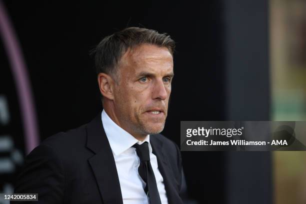 Phil Neville the manager / head coach of Inter Miami during the pre season friendly between Inter Miami CF and FC Barcelona at DRV PNK Stadium on...
