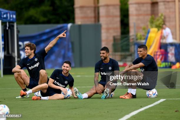 Marcos Alonso, Jorginho, Emerson and Thiago Silva of Chelsea during a training session at Osceola Heritage Park Orlando FC Training Facility on July...