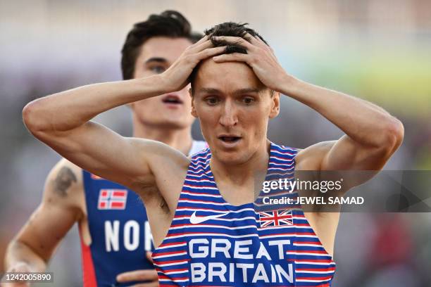 Britain's Jake Wightman reacts after winning the men's 1500m final during the World Athletics Championships at Hayward Field in Eugene, Oregon on...