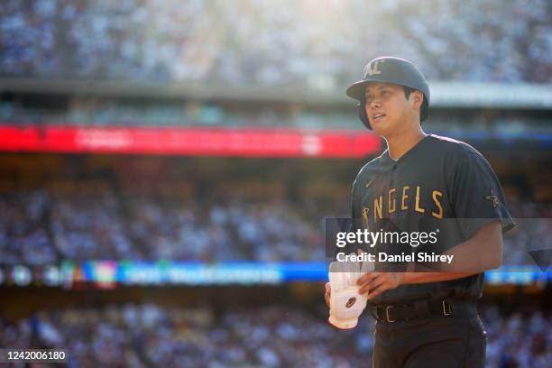 Shohei Ohtani of the Los Angeles Angels looks on during the 92nd MLB All-Star Game presented by Mastercard at Dodger Stadium on Tuesday, July 19,...