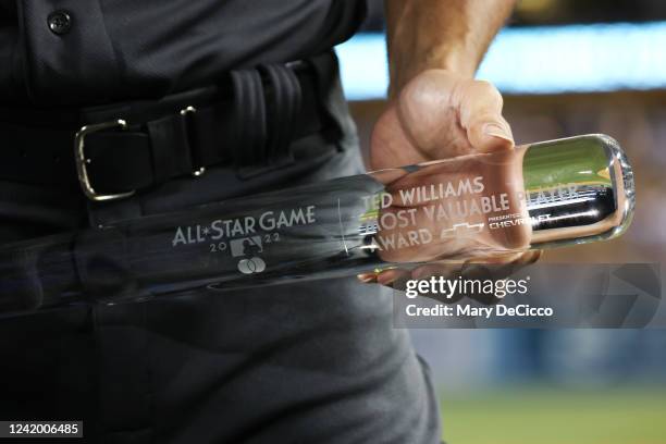 Detail view of the Ted Williams MVP trophy held by Giancarlo Stanton of the New York Yankees after the 92nd MLB All-Star Game presented by Mastercard...